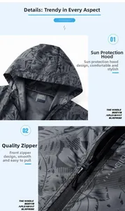 Detail view of functional sun protection hoodie with high quality zip and grey leaf print
