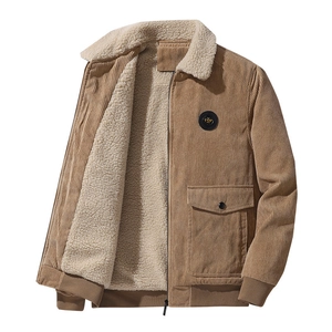 Men Sherpa Lined Corduroy Jacket Thickened Fleece Padded Winter Coat Casual Lapel Zipper Outerwear Warm Workwear Cargo Jacket
