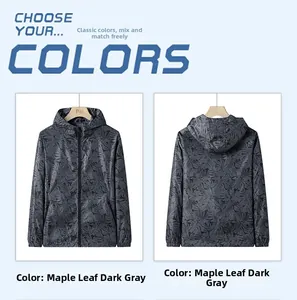Detail view of men's maple leaf camo sun protection jacket with hood and elastic cuffs