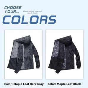 Detail view of thin ice silk sun protection jackets with maple leaf pattern in gray and black