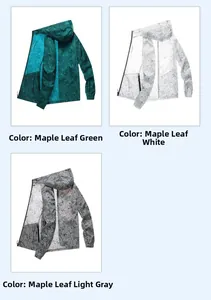 Three colors of lightweight sun protection jackets with maple leaf print in a collage view