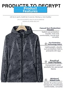 Detail of grey sun protection jacket showing hood, tropical leaf print and ribbed cuffs