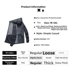 Size chart for men's hooded ice silk sun protection jacket with maple leaf prints