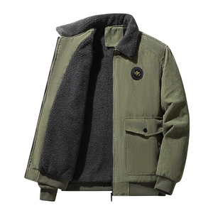 Army green corduroy jacket for men with thick sherpa lining and full zip closure