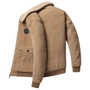 Men's khaki corduroy jacket with thick sherpa fleece collar and ribbed cuffs design