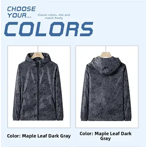 Front and back view of men's maple leaf pattern sun protection jacket in dark grey