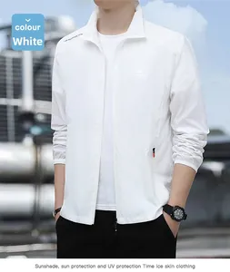 Close-up of white sun protection jacket with stand collar and functional zipper pockets