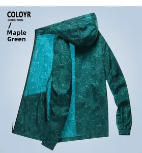 Detail of maple green sun protection jacket featuring tropical palm leaf pattern texture