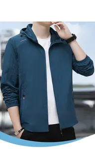Macro detail of breathable navy outdoor jacket showing zipper pocket and fabric texture