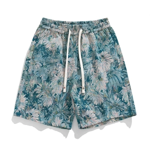 Men's Vintage Floral Jacquard Casual Shorts Summer Beach Elastic Drawstring Waist Straight Leg Streetwear Fashion Bottoms