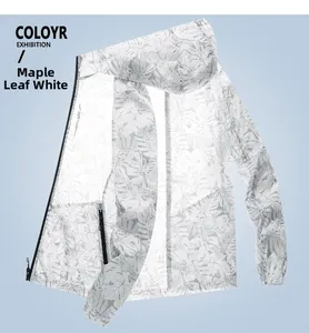 Detail of thin hooded sun protection jacket with grey maple leaf print in white
