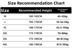 Detailed size chart for sun protection jacket from M to 4XL with height and weight guides