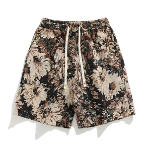 Summer cotton tapestry floral shorts with elastic drawstring waist for outdoor casual wear