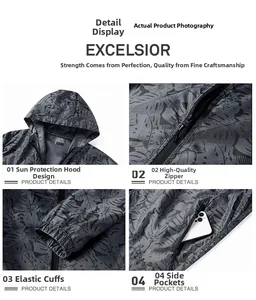 Detail of sun protection jacket featuring a tropical leaf print and functional side pockets