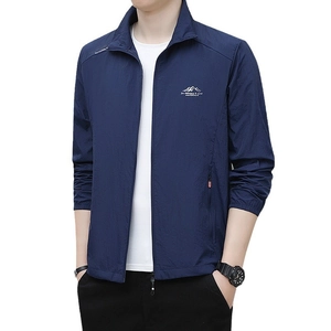 Men's navy lightweight sun protection jacket with stand collar and mountain logo print