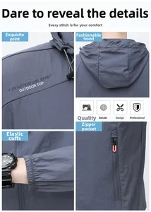 Detail view of the gray-blue sun protection jacket with hood, elastic cuffs, and zip pockets