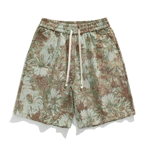 Men's vintage floral jacquard summer shorts with elastic drawstring waist for beach casual wear