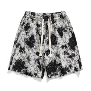 Men's casual shorts with black and white floral print and elastic drawstring waist
