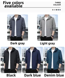 Collage of lightweight men's UV protection jackets in five different colors
