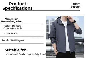 Detail view of lightweight sun protection jacket fabric and size chart for outdoor wear