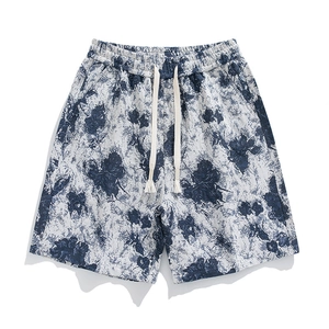 Summer cotton sports shorts with navy blue vintage floral print and drawstring waist