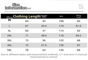 Size chart for men's lightweight sun protection jacket with M to 5XL measurements