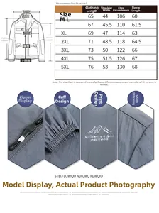 Size chart detail for men's sun protection jacket showing measurements from M to 5XL
