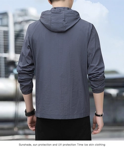 Detail of lightweight ice silk sun protection jacket with hood and elastic cuffs