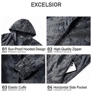 Men's thin hooded sun protection jacket with leaf print and breathable outdoor fabric