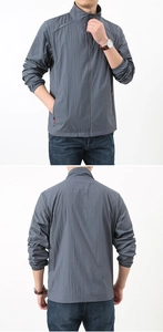Detailed front and back view of men's gray sun protection jacket with stand collar