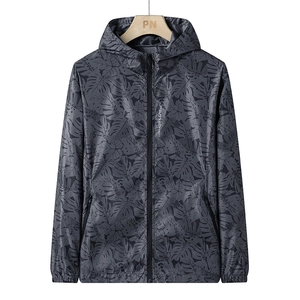 Men's lightweight hooded sun protection jacket with dark tropical leaf pattern print