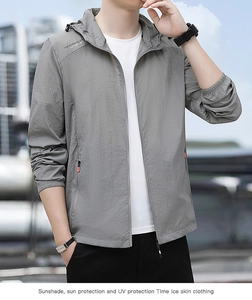Detail of gray sun-protective jacket showing shoulder print and zip pocket detail