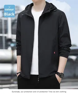 Detail of men's lightweight black sun protection jacket with hood and elastic cuffs