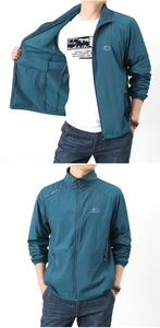 Detail view of men's dark teal sun protection jacket with stand collar and zipper
