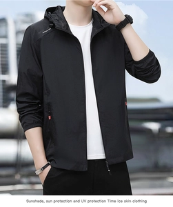 Close-up of lightweight black sun protection jacket with zip pockets and hooded design
