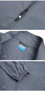 Detailed views of zipper, collar label, and elastic cuffs on dark gray sun protection jacket