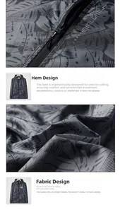 Detail view of lightweight gray tropical leaf print jacket with elastic hem and zipper