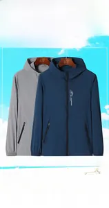 Close-up of lightweight sun protection hoodies in grey and navy with breathable ice-silk fabric