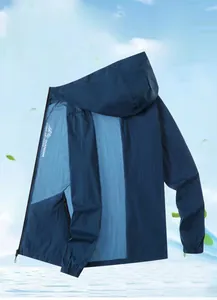Detail of navy blue hooded sun protection jacket with zipper and breathable fabric