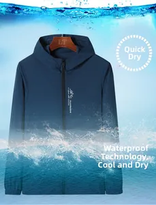 Detail of waterproof quick-dry fabric on men's blue sun protection jacket with hood