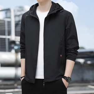 Men's lightweight black hooded sun protection jacket with outdoor print and zip pocket
