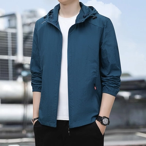 Men's blue lightweight sun protection hooded jacket with breathable ice silk fabric