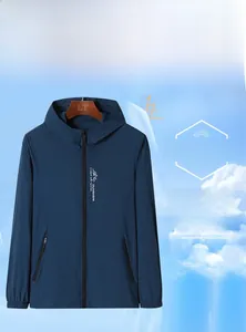 Detail view of the lightweight navy sun protection jacket with zip pockets and hood