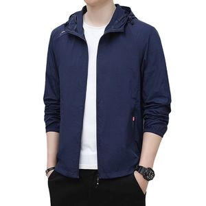 Men's navy blue lightweight breathable sun protection jacket with hood and zipper