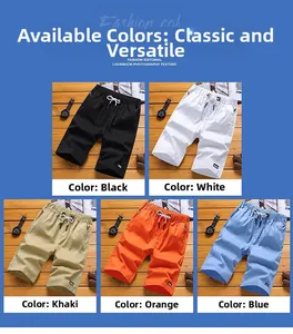 Flat lay of men's breathable cotton shorts in five colors with elastic drawstring waist