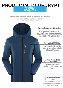 Detail of dark blue men's sun protection jacket featuring windproof ribbed cuffs and pockets