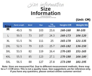 Detailed size chart for men's shorts showing waist and length measurements from M to 5XL