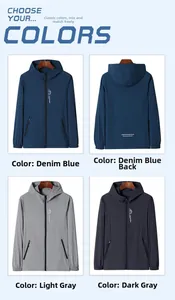 Men's lightweight hooded windbreaker jackets in denim blue, light and dark gray colors