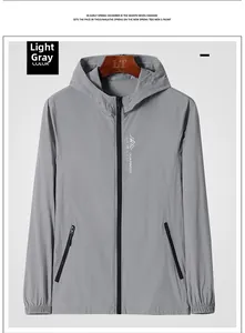 Detail of light grey sun protection jacket showing zip pockets and mountain logo