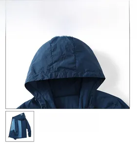 Detail view of a men's navy blue sun protection hoodie with a close-up of the hood texture